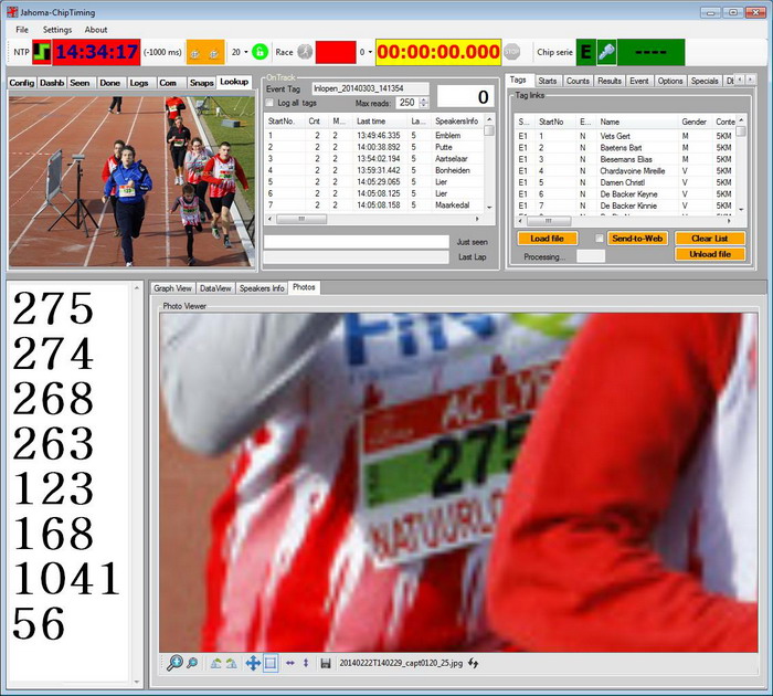 Met ingang van 2014 hebben we ook de finishfotos die we al langer maken gekoppeld aan de Jahoma chiptiming applicatie en kunnen we deelnemers ook visueel identificeren.