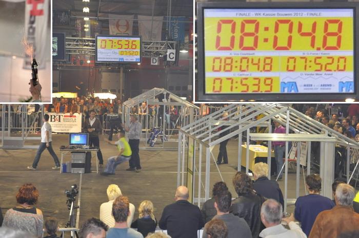 Finale “WK Kassie Bouwen 2012″ in Naaldwijk, Drie deelnemers binnen 10 seconden van elkaar klaar met bouwen. De winnaar is later pas bekend als de strafpunten per deelnemer bekend zijn.